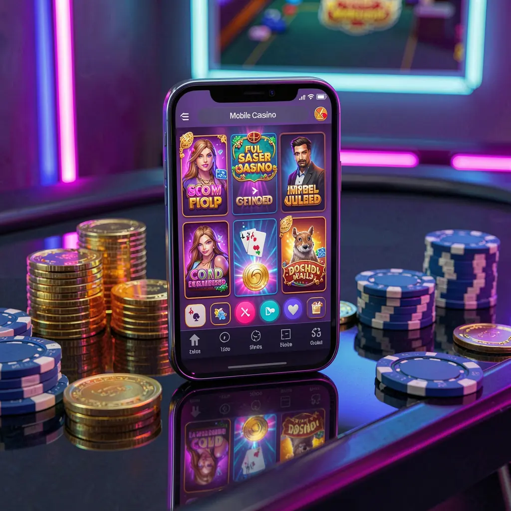 QQ58 mobile casino dashboard on smartphone displaying colorful gaming interface with golden coins and poker chips on a glossy table under elegant neon lighting