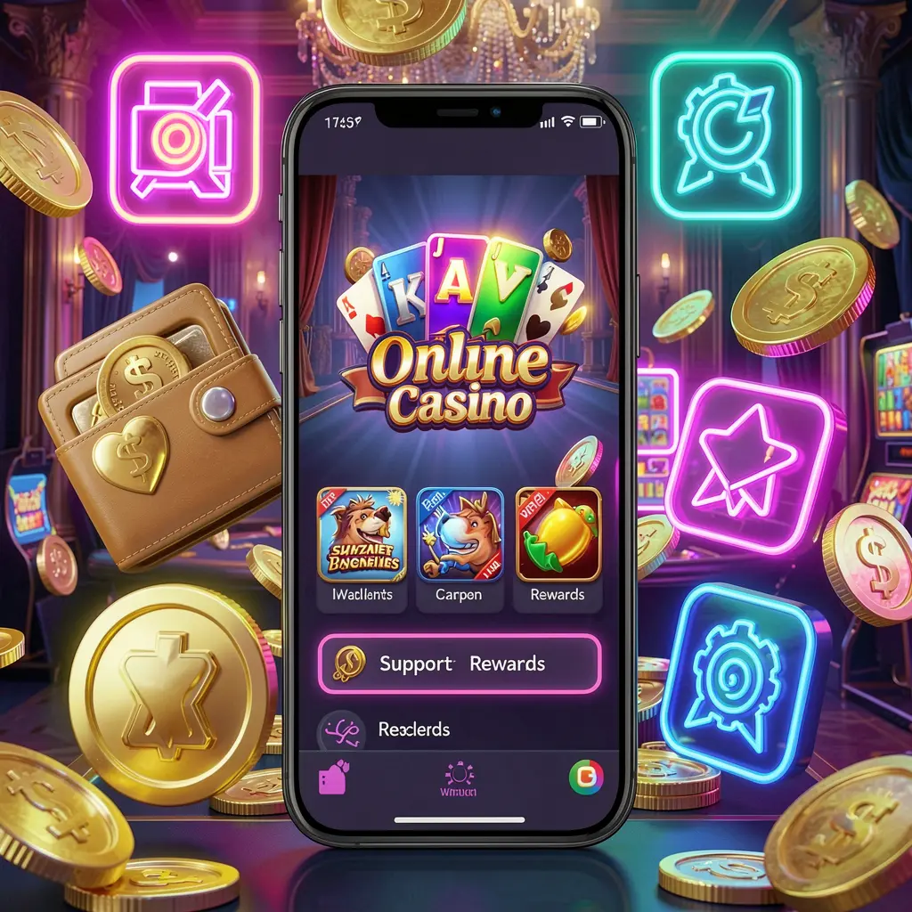 Luxury 3D render of QQ58 online casino app on a smartphone surrounded by icons for wallet, games, support, and rewards, with golden coins and neon lights