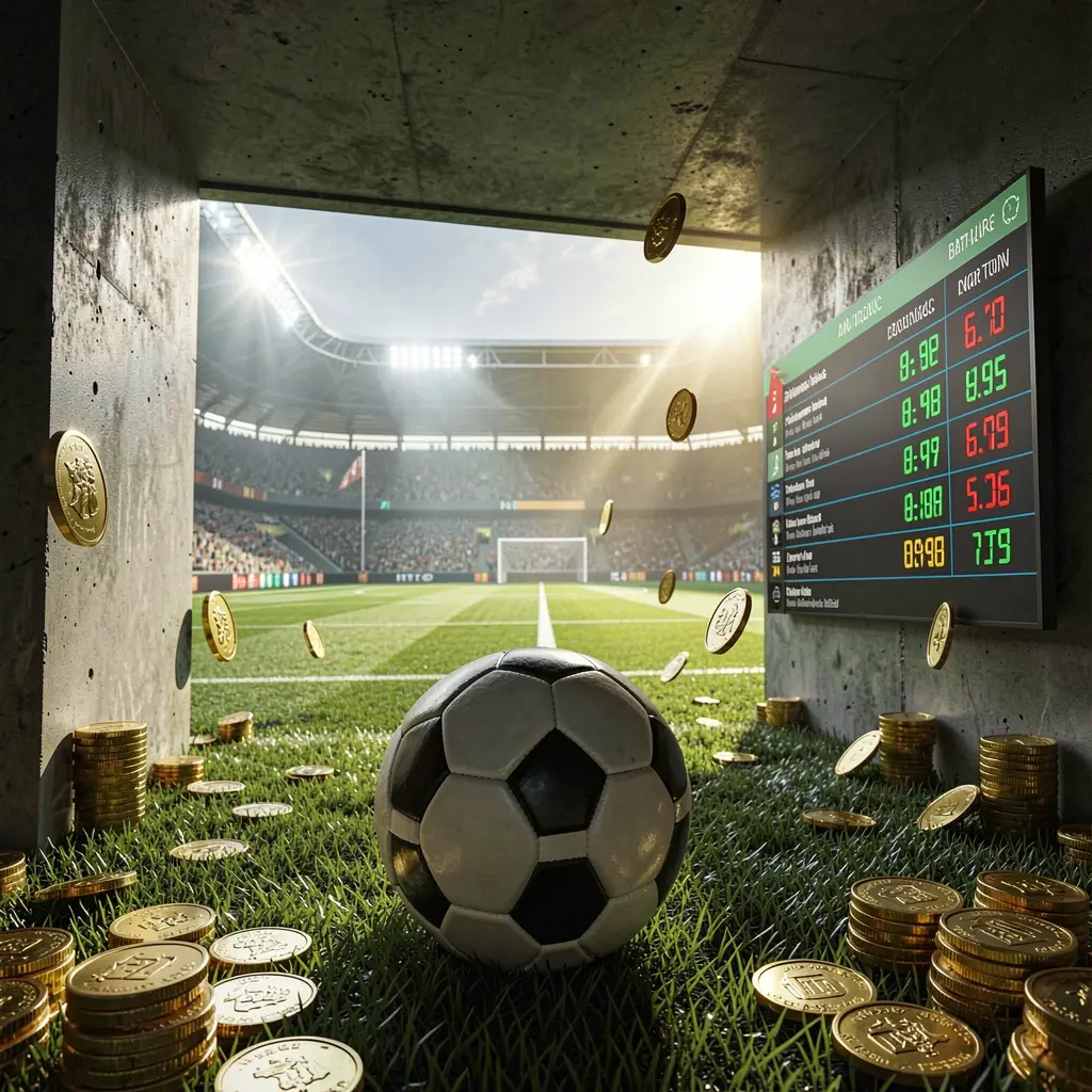 Dramatic stadium tunnel opening to a bright football field with a soccer ball in the foreground, digital odds graphics and gold coins highlighting the QQ58 football betting platform