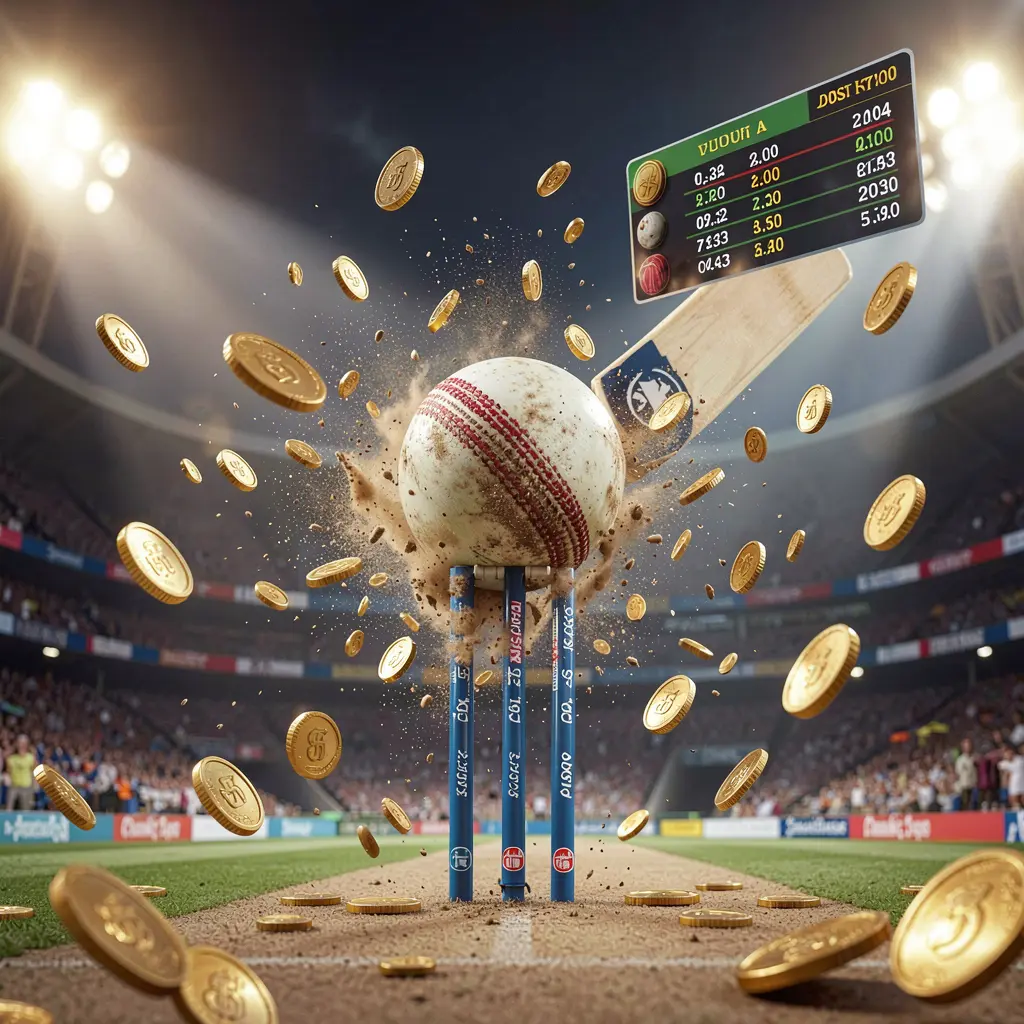 QQ58 cricket match betting banner showing a cricket ball hitting wickets with dynamic motion under stadium lights, featuring a floating odds interface and coins in a premium sports atmosphere