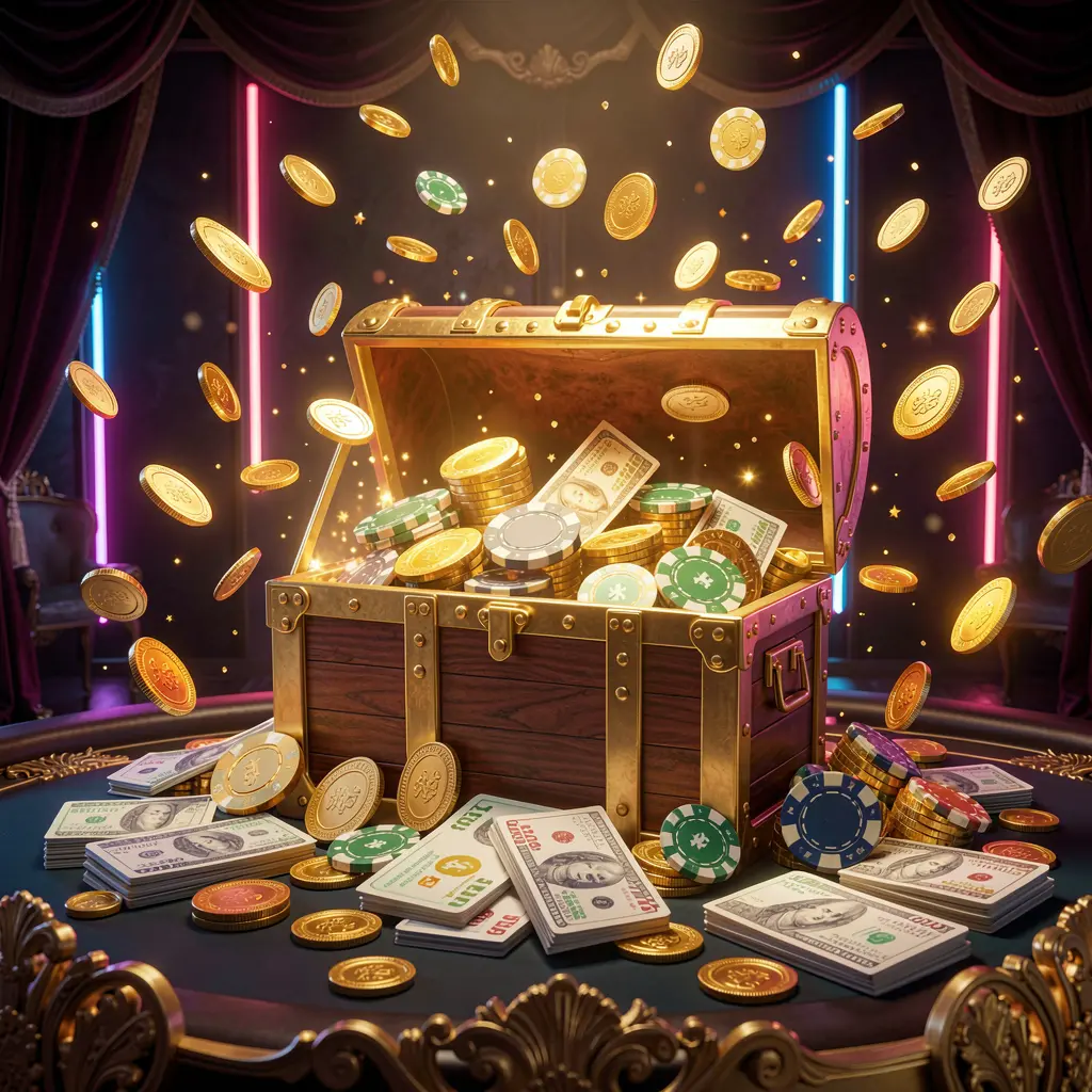 QQ58 premium online casino bonus hero banner featuring golden coins flying in the air and a glowing treasure chest full of chips and cash against a luxury dark background with neon accents, creating a festive and elegant casino atmosphere with cinematic 3D realistic lighting