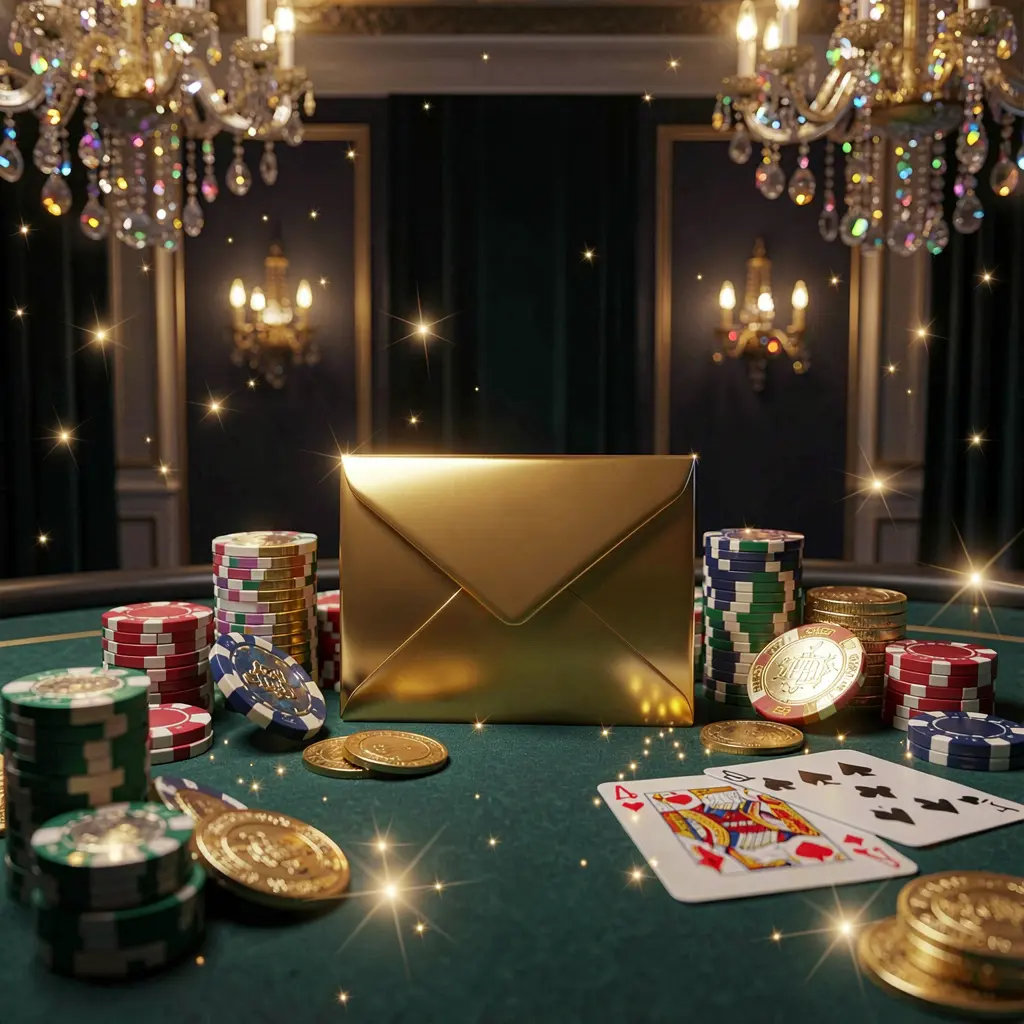 QQ58 exclusive casino promotion featuring a golden envelope surrounded by chips, coins, and playing cards with sparkling lights on a luxury dark background in a cinematic 3D render