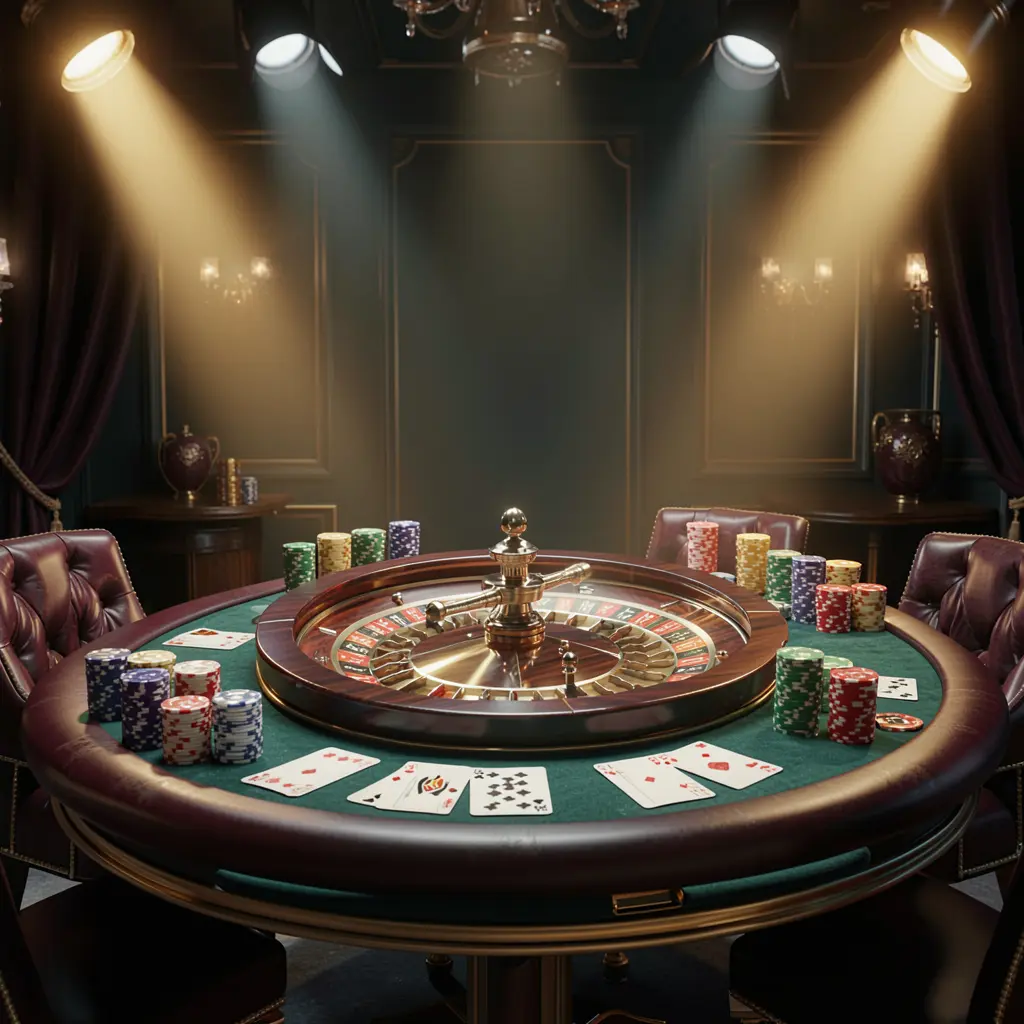 QQ58 live casino scene featuring a roulette table, playing cards, and chips under glowing spotlights with a dark elegant background in a cinematic 3D illustration QQ58 live casino scene featuring a roulette table, playing cards, and chips under glowing spotlights with a dark elegant background in a cinematic 3D illustration
