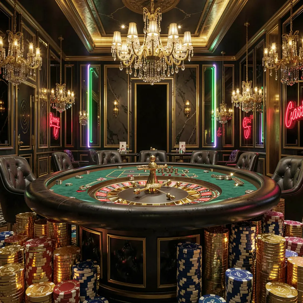 Luxury casino hall with roulette table, poker chips, and golden coins in a premium black and gold atmosphere with glowing neon lights, showcasing the QQ58 online casino experience Luxury casino hall with roulette table, poker chips, and golden coins in a premium black and gold atmosphere with glowing neon lights, showcasing the QQ58 online casino experience