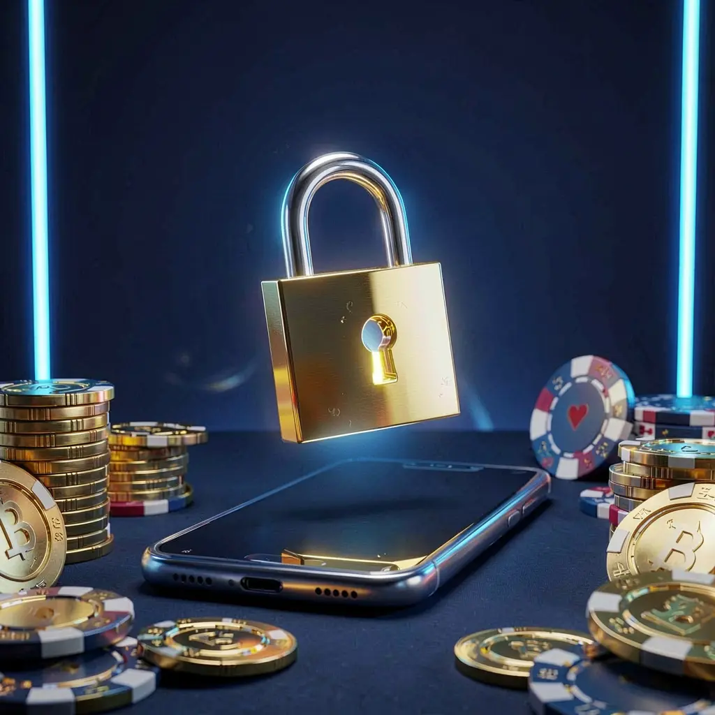 QQ58 casino login security image showing a glowing padlock floating above a smartphone with golden coins and chips scattered around on a dark blue neon background in a premium realistic 3D render