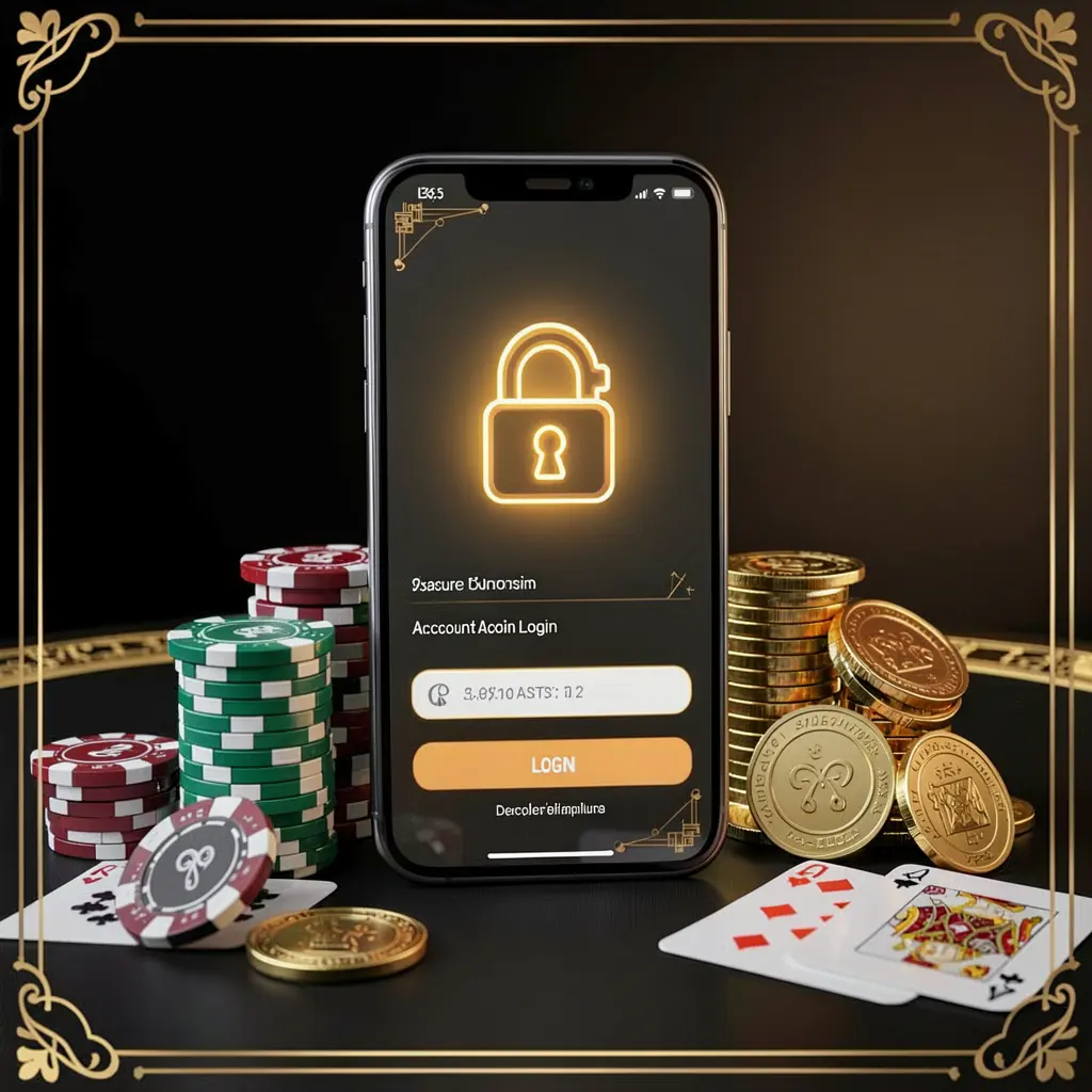QQ58 secure casino account login concept showing a glowing lock icon on a smartphone screen with poker chips, playing cards, and golden coins nearby against an elegant black and gold background